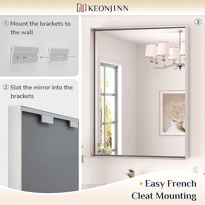 Keonjinn 40 x 24 in Brushed Nickel Bathroom Mirror for Wall, Silver Rectangular Metal Framed Vanity Mirror for Bathroom Sink Square Corner Aluminum Alloy Modern Rectangle Mirror(Horizontal/Vertical)