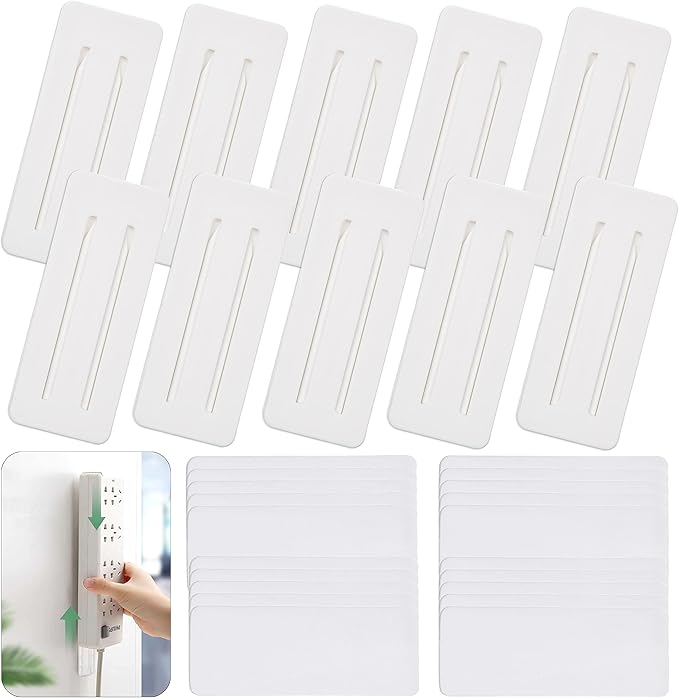 Self Adhesive Power Strip Holder 10 Pack - No Drill Extension Block Wall Mount Fixator - Easy to Install Sliding Design - for Home, Kitchen, Office - Attaches to Wood, Plastic, Metal, Ceramic