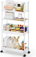 KINGRACK Slim Rolling Storage Cart 4 Tier - Heavy Duty Metal Utility Cart with Raised Edge & Wheels, Narrow Mobile Organizer Shelves for Bathroom, Kitchen, Laundry, Office, Living Room, White