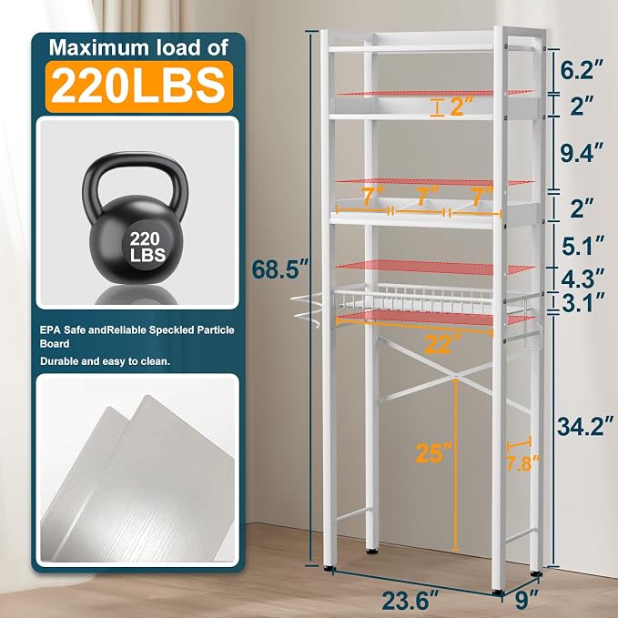 Over The Toilet Storage Cabinet,4 Tier Bathroom Organizer and Storage With Adjustable Shelf Waterproof Feet Pad and Basket Multifunctional Space Saver Freestanding Bathroom Shelves With Dividers White