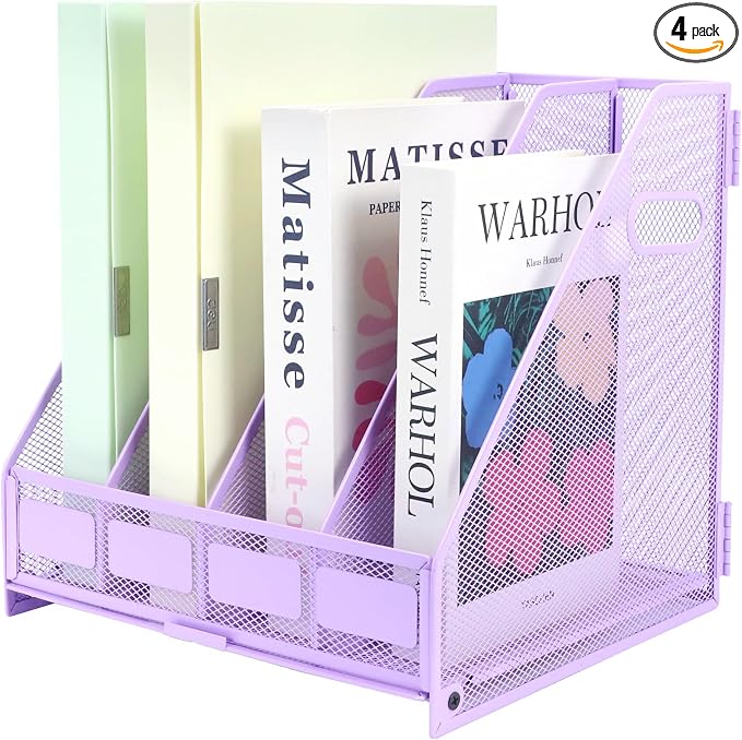 Desk Organizers Metal Magazine File Holder Racks Desktop Folder Storage Binder Organiser Document Organization for Home Office & Classroom,4 Vertical Compartments-Purple