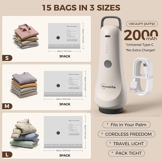 Vacuum Seal Bags for Clothing Travel,15-Pack, 80% Space Reduction | Fits Carry-On, Luggage, and Suitcase, Reusable Airtight Seal Prevents Leaks, Ideal For Home Storage & Travel Packing