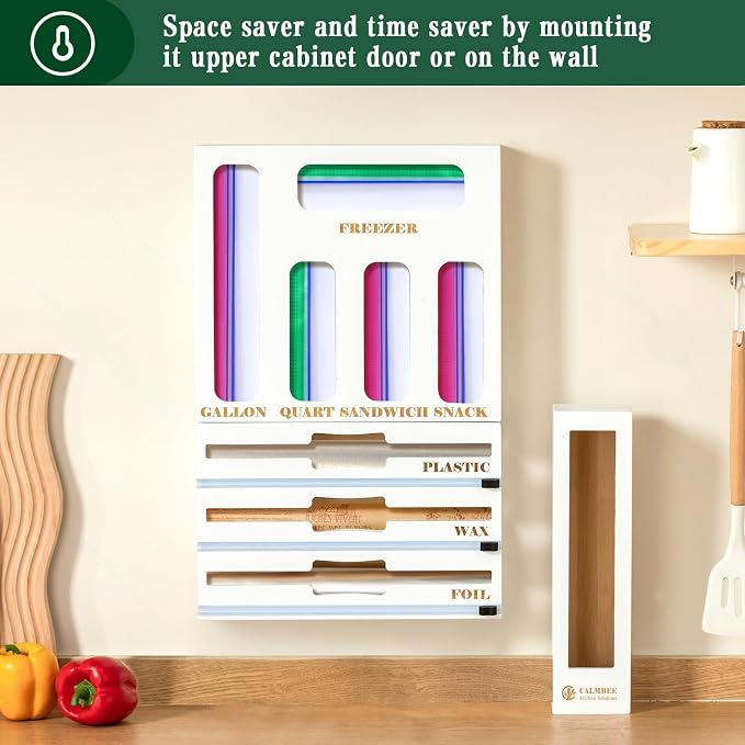 Calmbee 9 in 1 Bamboo Storage Bag Organizer for Kitchen Drawer – Plastic Wrap Dispenser with Cutter & Foil Organizer, Wooden Baggie Organizer for Sandwich, Snack, Gallon, Quart Sizes, White