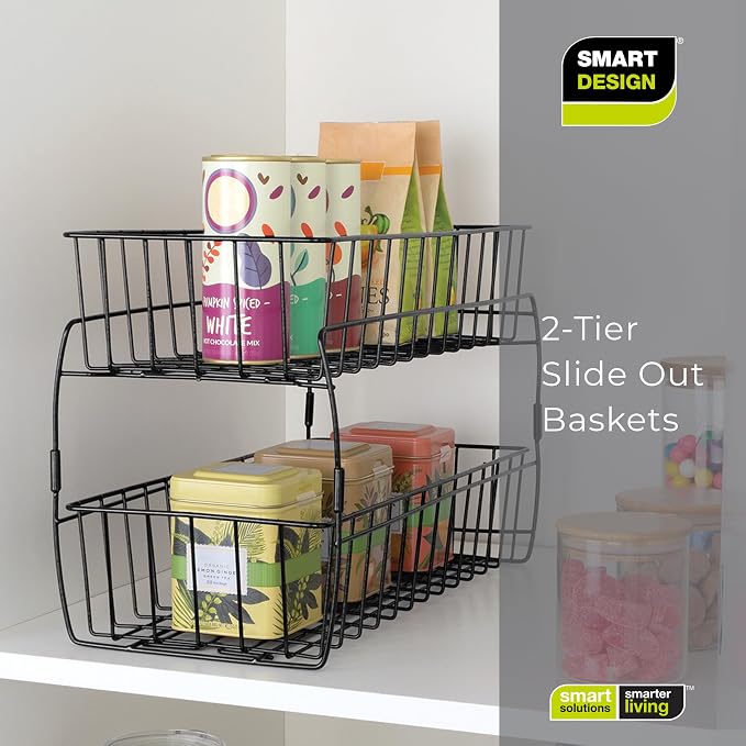 Smart Design 2-Tier Slide Out Baskets- 18" x 9" x 11.8 inches - Black