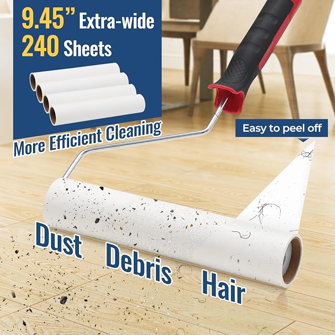 Lint Rollers for Pet Hair Extra Sticky, 9.45" Wide Large Lint Roller, 240 Adhesive Sheets Rollers, 65" Long Handle Sticky Mop for Carpets, Floor, Couch, Bed Sheets, Home Cleaning, Loving Pet Owners