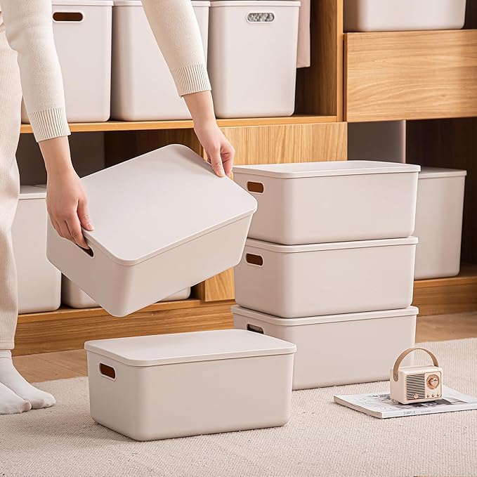 Plastic Storage Bins with Lid, White Stackable Storage Basket Organizer Box, Sturdy Containers Organizing Lidded Bins for Shelves, Cabinet, Desk, Pantry, Bedroom, Book, Toys (gray, 6L+2M)