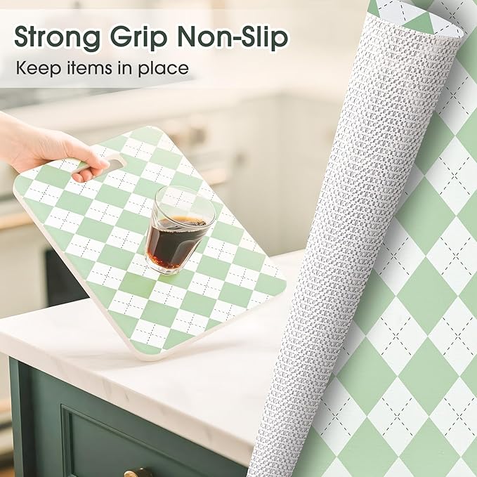 Coavas Shelf and Drawer Liner, Non Slip Extra Grip Non Adhesive Waterproof Thickened Cabinet Mat, Easy Cut for Kitchen Pantry Bathroom Dresser Cupboard (Green Rhombic, 24IN x 20FT)
