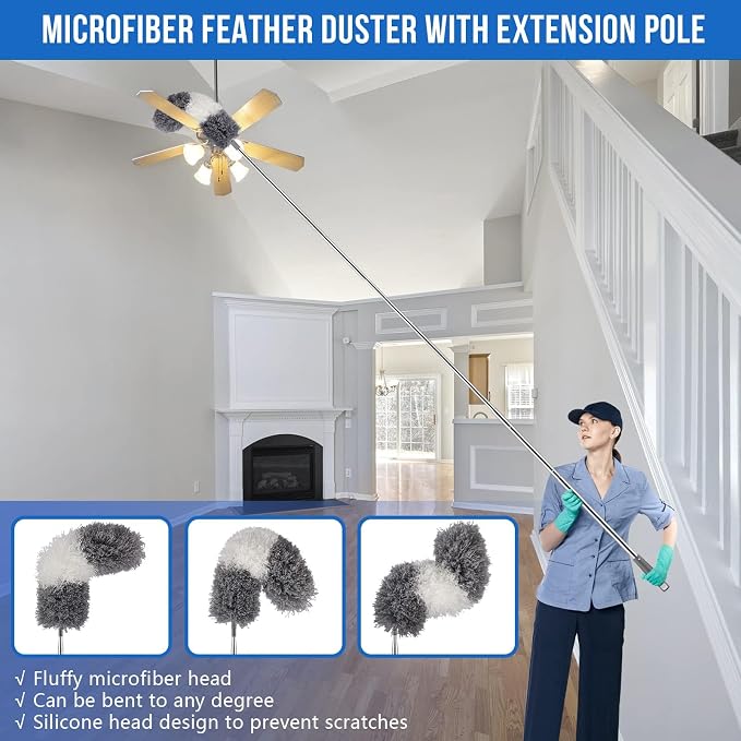 UIMO Microfiber Feather Duster 5-in-1 Kit for Dusting and Cleaning – 30–100" Extension Pole, Anti-Slip Grip, Bendable Washable Heads for Ceiling Fan, Furniture, Car (Blue)
