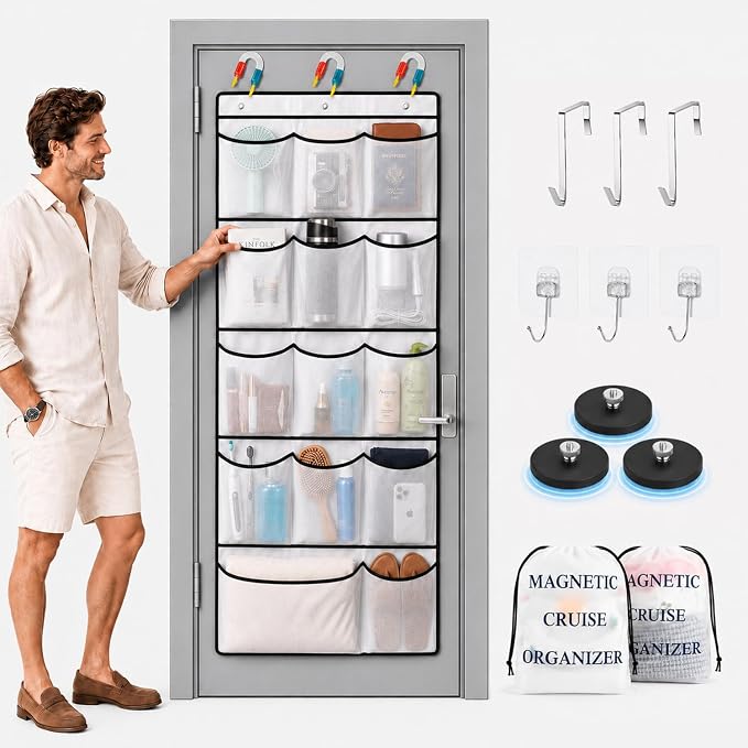 Magnetic Cruise Cabin Over The Door Shoe Organizer, 14-Pocket Mesh Bag | 14 size-graded mesh pockets; 3-way hanging with 3 magnets or 6 hooks; 2 bags for cabins, closets, bathrooms, RVs.