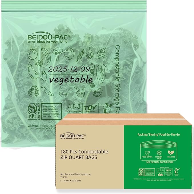 BEIDOU-PAC Compostable Quart Food Storage Freezer Bags, 180 Count | 2 Mil | 8 IN x 7 IN, Freshness Easy Open Biodegradable, Eco-Friendly Reclosable Compost Zipper Bags