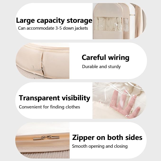 Space Saving Hanging Garment Bag with Self Compression Zipper，Dust Cover Clothes Bags for Down Coat,Dress,Suit，Closet Storage Organizer for Home Travel Use(Beige, XL)