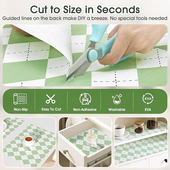 Coavas Shelf and Drawer Liner, Non Slip Extra Grip Non Adhesive Waterproof Thickened Cabinet Mat, Easy Cut for Kitchen Pantry Bathroom Dresser Cupboard (Green Rhombic, 12IN x 10FT)