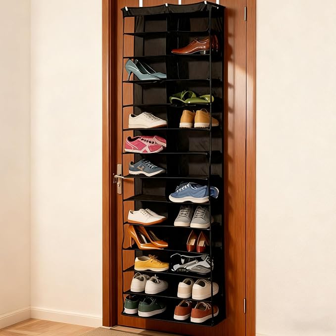 Hoodie Sweatshirt Storage Organizer, Over the Door Sweatshirt Organizer, 26-Pocket Clear Holder, Pockets Wall Shoes Bag, Portable Closet Wardrobe,63"L X 22"W X 6.3"H,Cabinet Behind The Doors (Yellow)