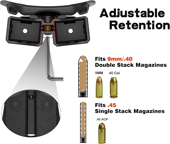 Universal Double Magazine Holster Pouch fit 9mm .40 .45 Pistol Gun Mags | Adjustable Retention Mag Holder for Glock, S&W, Ruger, Sig, Taurus, Beretta, Springfield and More Similar-Size Mags