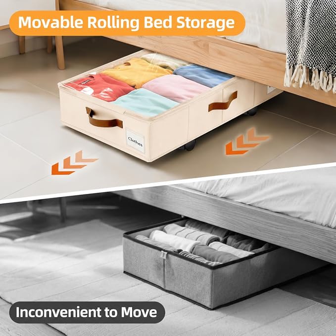 Under Bed Storage with Wheels,Underbed Storage with Sturdy Sidewalls/Bottom, Clear Cover, Label and PU Handle, Rolling Under Bed Drawers for Clothes, Shoes, 6.5 Inch Height,Beige, 2 Pack