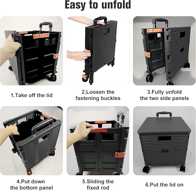 Foldable Utility Cart,Rolling Crate Heavy Duty Shopping Cart with 360° Silent Wheel with Brake System,55L Capacity,Transport Weight up to 177 Pounds,Travel Shopping Moving Luggage Office Use