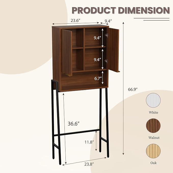 25" W Over The Toilet Storage Cabinet with Fluted Door,Bathroom Organizers and Storage with Adjustable Shelves, Modern Over Toilet Organizer for Bathroom,Restroom,Laundry,Walnut