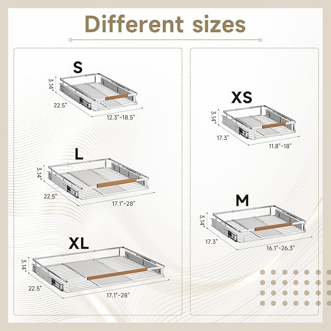2 Pack Expandable Pull Out Cabinet Organizer，Side Mounting 17.1~28"x22.5"Cabinet Pull Out Shelves, Expandable Slide Out Spice Rack for Kitchen Bathroom Office