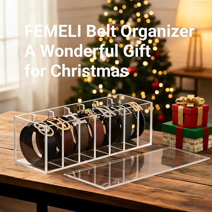 FEMELI Belt Organizer, Acrylic Belt Storage for Closet with Dust Cover, 7 Compartments Belt Container Display Holder for Drawer, Clear Belt Tie Case for Women Men Home | Acrylic Clear Shelf Belts Holders for Closet& Drawer Womens Men Belts Tie Jewelry ...