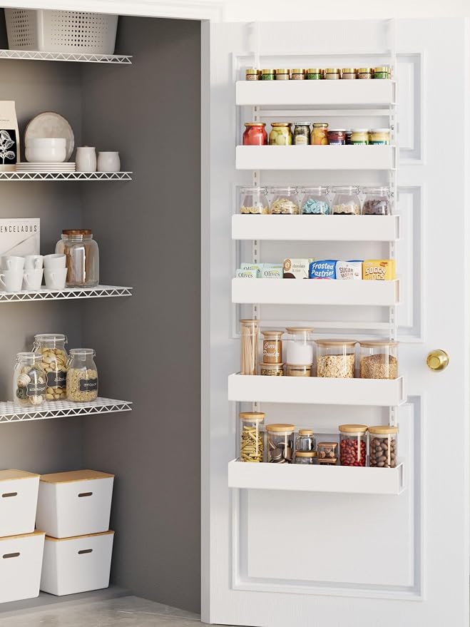 6-Tier Hanging Pantry Organizer, Metal Spice Rack Storage for Kitchen Laundry Bathroom Cabinet, White