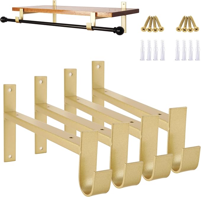 AddGrace Closet Rod Bracket Heavy Duty Shelf Brackets Gold 6 Inch 4 Pack | Fit for Closet Wardrobe Laundry Room and Kitchen, with Hook, Store Above and Hang Below, Supports 66 lbs, Easy to Install