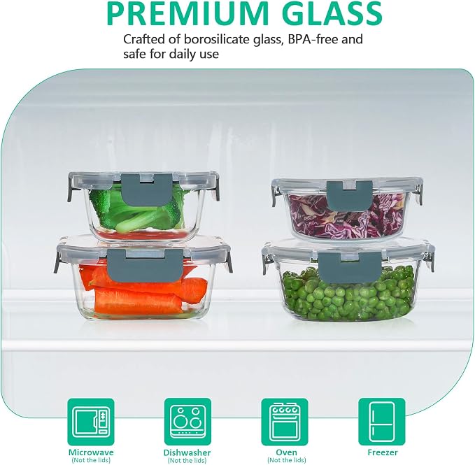 KOMUEE 24 Pieces Glass Food Storage Containers Set, Meal Prep Containers, BPA-Free Airtight Glass Storage Containers with lids,Freezer, Microwave and Oven Safe,Gray