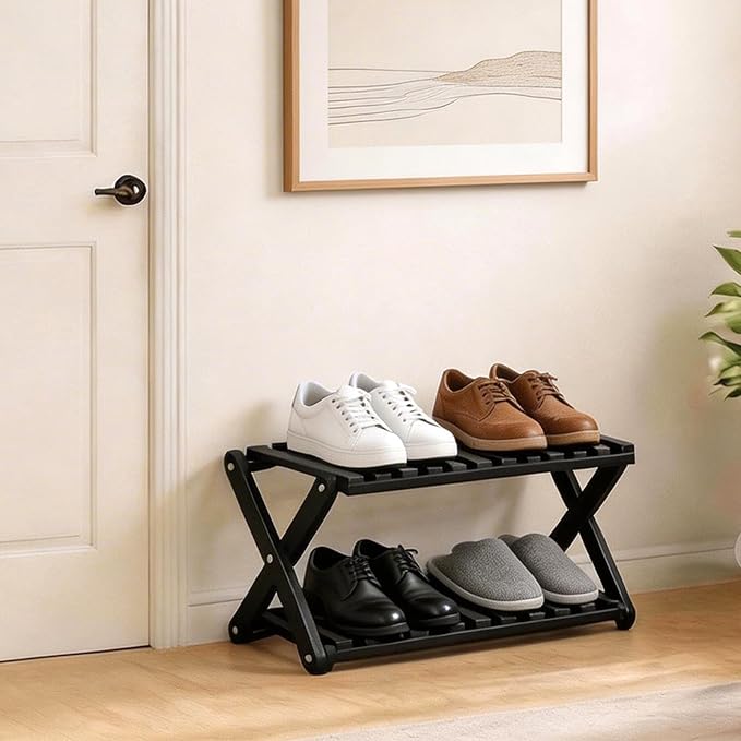 2 Tier Bamboo Shoe Rack Black,Portable Folding Shoe Storage Rack,Without Installation Small Shoe Rack Perfect for Corridors, Bedrooms and Small Spaces