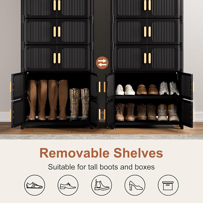 Shoe Rack, 9 Tier Shoe Storage Cabinet with 8 Doors, 27 Pair Plastic Shoe Cabinet with Waterproof, Outdoor Shoe Shelves Organizer for Entryway, Bedroom, Hallway,Living Room, Black