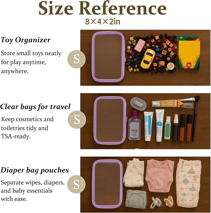 4 pcs Clear Zipper Pouches,Hard Shell Zipper Case, Toiletry Bag for Travel, CLear Diaper Bag, Toiletry Pouch, Travel Organizer, Cosmetic Bag,Toy Storage Bins (M+3S) (Lavender)