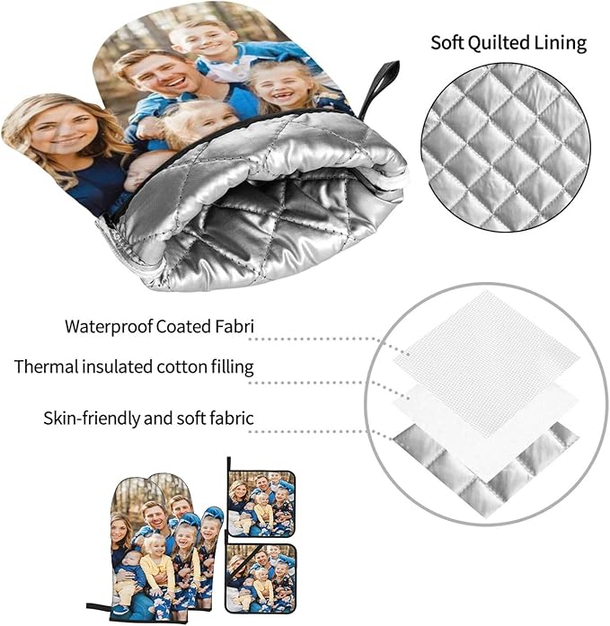 Custom Oven Mitts and Pot Holders Personalized with Your Picture Text, Baking Gifts for Women for Kitchen Cooking, BBQ, Grillin-Style3, 2 Oven Mitts+ 2 Pot Holders
