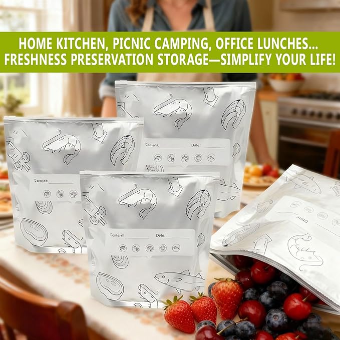 Aluminum Foil Food Storage Bags, Reusable Freezer Bags for Refrigerator, Stand Up Airtight Vacuum Sealer Bags, Heavy Duty Smell Proof Lock Freshness, Perfect for Meat, Vegetables (30, Large)