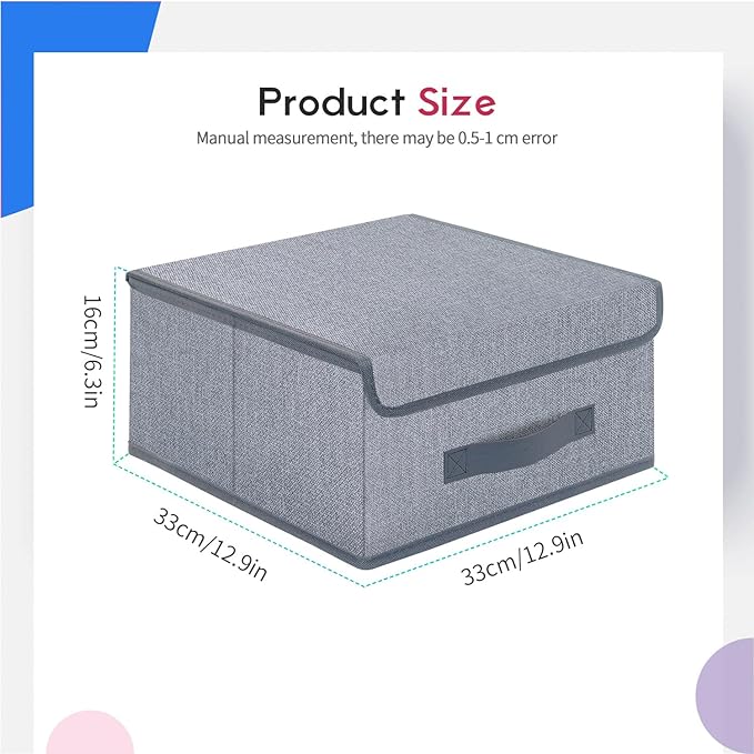 Onlyeasy Foldable Storage Bins Cubes Boxes with Lid - Storage Box Cube Cubby Basket Closet Organizer Pack of 2 with Leather Handles for Closet Bedroom, 13" x 13", Linen-like Grey, MXDLB2P