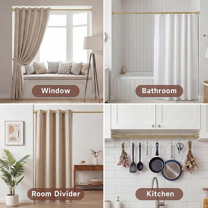 BRIOFOX Gold Tension Curtain Rod 24 to 64 Inch(2-5.3ft) - Spring Tension Shower Curtain Rod, No Drilling Brass Gold Tension Rod for Curtains Windows Closet Kitchen