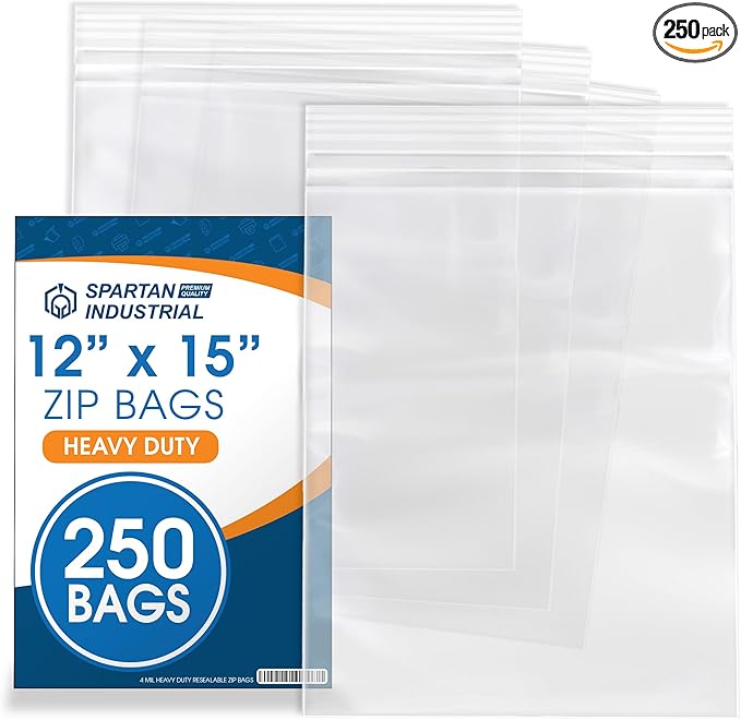 Spartan Industrial - 12” X 15” (250 Count) 4 Mil Thick Bulk Clear Reclosable Zip Plastic Poly Bags with Resealable Lock Seal Zipper - Heavy Duty and Durable