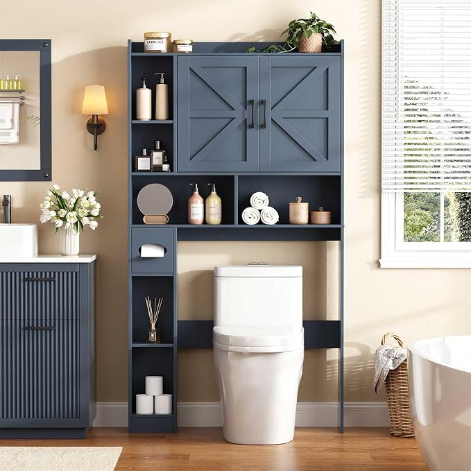 Vabches Over The Toilet Storage Cabinet with 2 Barn Doors, Blue | Farmhouse Storage Cabinet with Toilet Paper Holder Stand，Home Space-Saving Toilet Rack, for Bathroom, Restroom, Laundry
