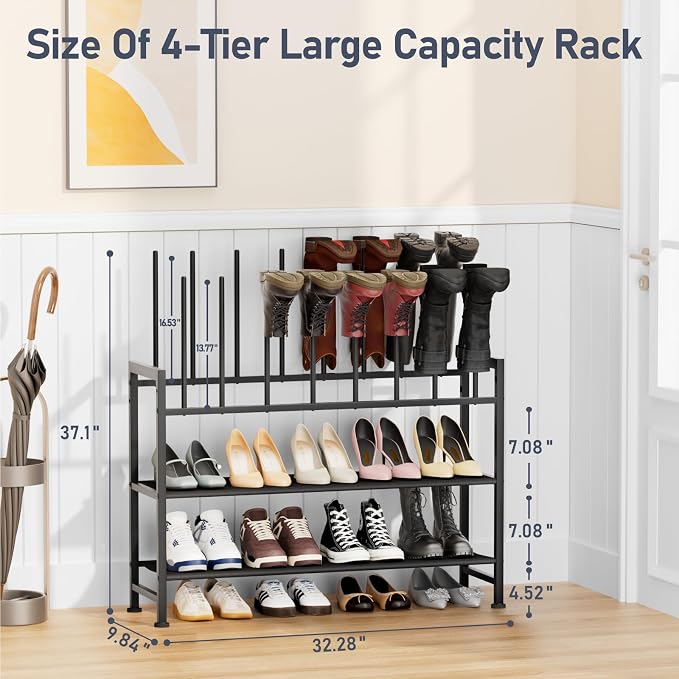 DIMJ Boot Rack 4-Tier - Black Metal Boot Storage Rack for Tall Boots Organizer, Multiuse Shoe Rack for Boots, Sneakers, High-Heel, Entryway, Fit for 8 Pairs, Black
