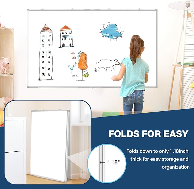 WALGLASS Large White Board Dry Erase Board, 72" x 40" Double-Sided Foldable Dry Erase Board for Wall, Magnetic Whiteboard for Office, Home, School, Kitchen