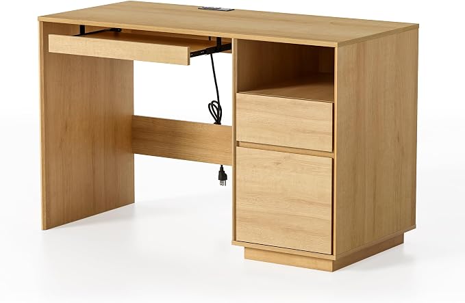 EYYTHUNG Home Office Desk, 47" Farmhouse Executive Desk with File Drawer & Outlet, Wood Computer Desks with Keyboard Tray, Workspace for Study Writing, Natural Oak