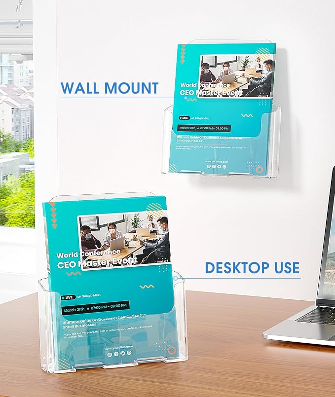 KTRIO Acrylic Brochure Holder 8.5 x 11, 4 Pack Literature Display Stand | Desktop/Wall-Mount, Clear Plastic Flyers Holder Fits 8.5" Wide Magazines, Pamphlets, Documents, Booklets, Journals, Menus