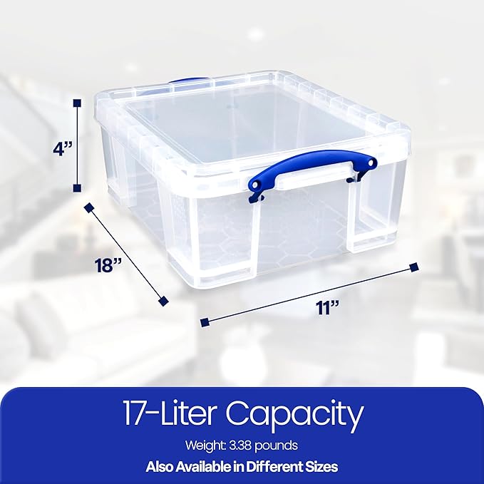 Really Useful Box 17 Liter Plastic Storage Bins with Snap Lids and Clip Lock, Clear