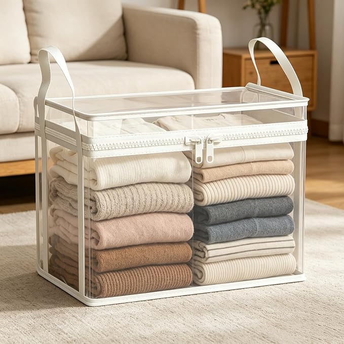 Large Clear Thick Plastic Storage Box with Hinged Lid, Heavy-Duty Durable High Capacity Organizer, Foldable Storage Box,Perfect for Home, Camping, Travel, Attic & Moving (White-L-2)