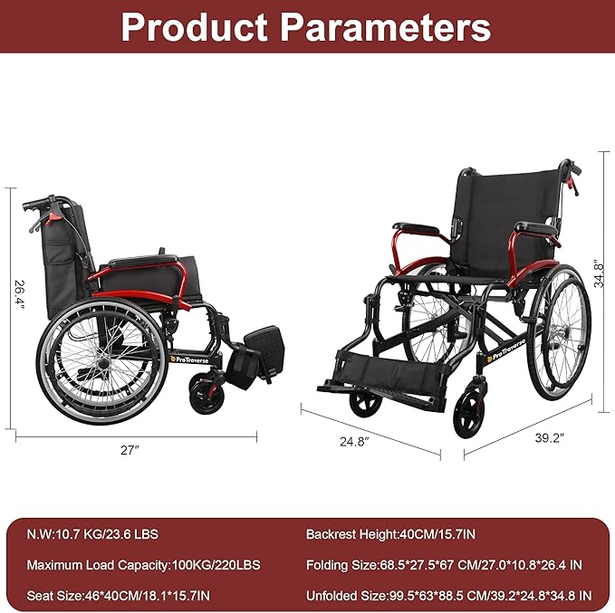 Wheelchairs for Adults,self-propelled Transport Chair,Foldable and Portable Travel Wheelchair with Swing-Away Footrests,Lightweight Transfer Wheelchairs for Adults adnd Seniors（Red）
