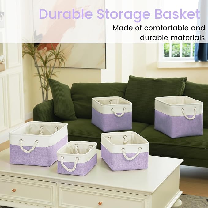 15x11x10 In Foldable Fabric Large Storage Bins with Handle 6 Pack | Organizer Baskets, Sturdy Metal Strand, Cardboard Support Molding, Storage Baskets for Shelves, Closet, Bedroom, White/Purple