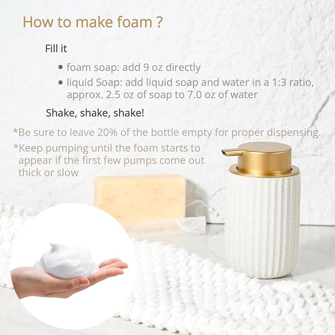 2 Pack Speckled Matte White Ceramic Foam Soap Dispenser, 12 oz Refillable Pump with Golden Top, Elegant Foaming Dispenser for Bathroom or Kitchen, Speckled White