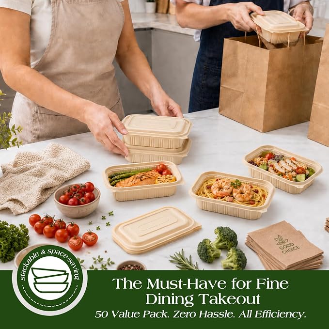 100 Piece (50 Pack) Meal Prep Containers with Lids, 16 oz Cornstarch Small Food Storage Containers Plant-based Lunch Box for Salad, BPA Free Plastic Disposable Take Out Boxes Microwave & Freezer Safe