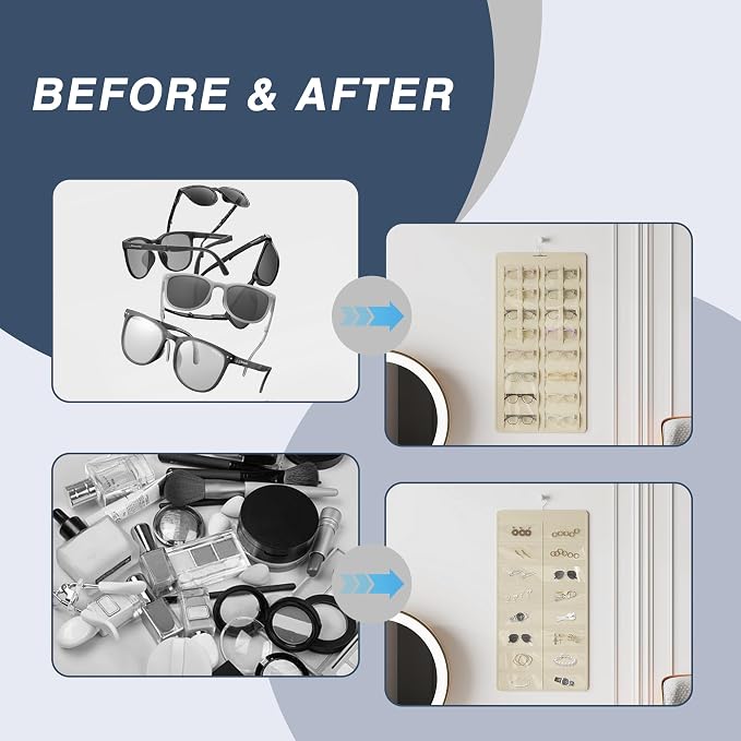 Hanging Sunglasses Organizer and Storage, 32 Slots Jewelry Holder, Beige | Protect eyewear from dust with double-sided clear compartments; roof design hangs on wall, door or closet for home/RV travel.