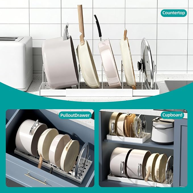 Pot Rack:Expandable Pan Organizer for Cabinet,Pot Lid Holder with 6 Adjustable Compartment for Kitchen Cabinet Cookware Baking Frying Rack,Apricot
