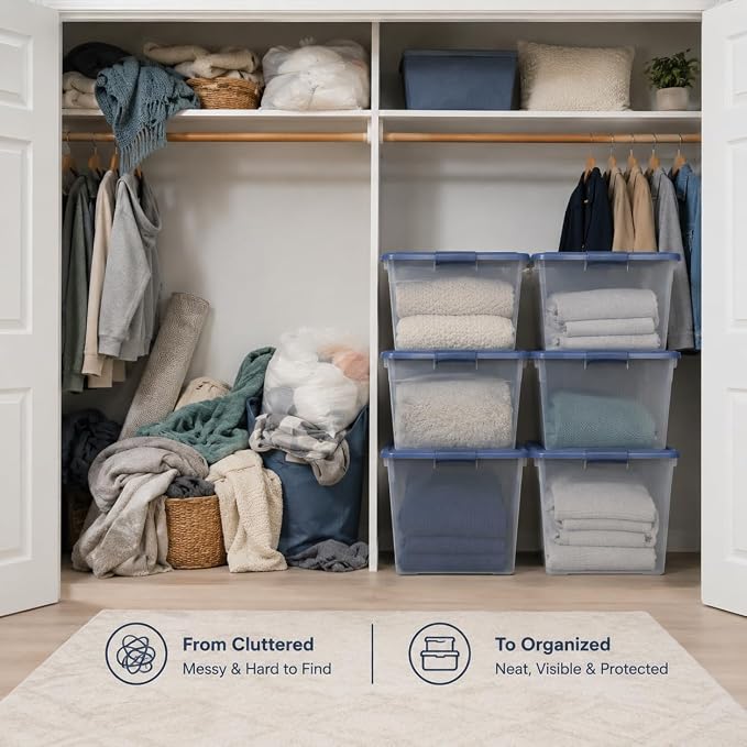 66 Quart Clear Plastic Storage Container with Latch Lid, Blue, 6 Pack | Clear Base & Lid, Secure Blue Latches, Recessed Stacking, 66Qt Capacity, BPA-Free Plastic