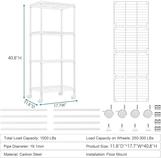 M MZG 1000 lbs 4-Shelf Adjustable Heavy Duty Steel Wire Rack, Adjustable Storage Shelving Unit with Wheel for Kitchen, Garage, Laundry White 11.8" D x 17.7" W x 40.8" H
