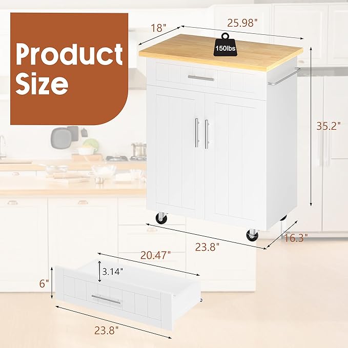SUNLEI Rolling Kitchen Island Cart with Storage & Drawer – 26" Portable Kitchen Cart with Lockable Wheels, Towel Rack & Open Shelves for Kitchen, Dining Room, Living Room(White)